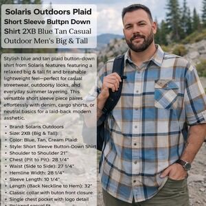 Solaris Outdoors Plaid Short Sleeve Button Down Shirt 2X Blue Tan Casual Outdoor